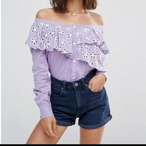 Asos Purple Ruffle Off The Shoulder Top Size 6